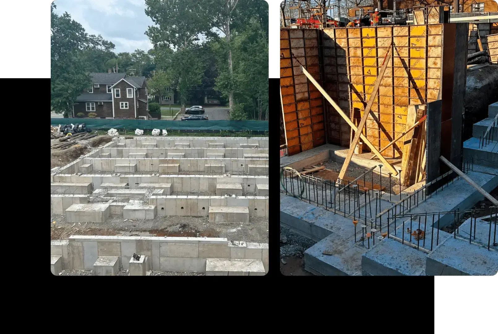 Construction site with concrete foundations and rebar.