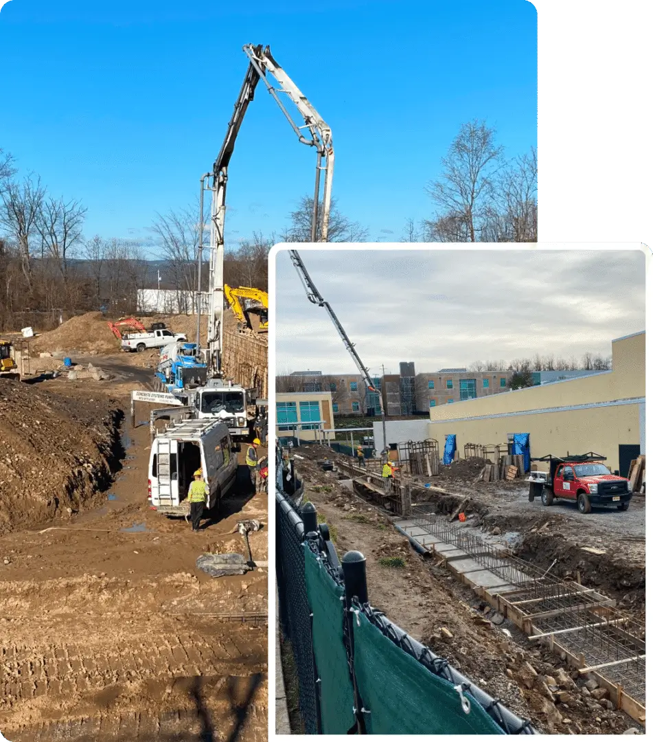 Construction site with cranes and machinery.