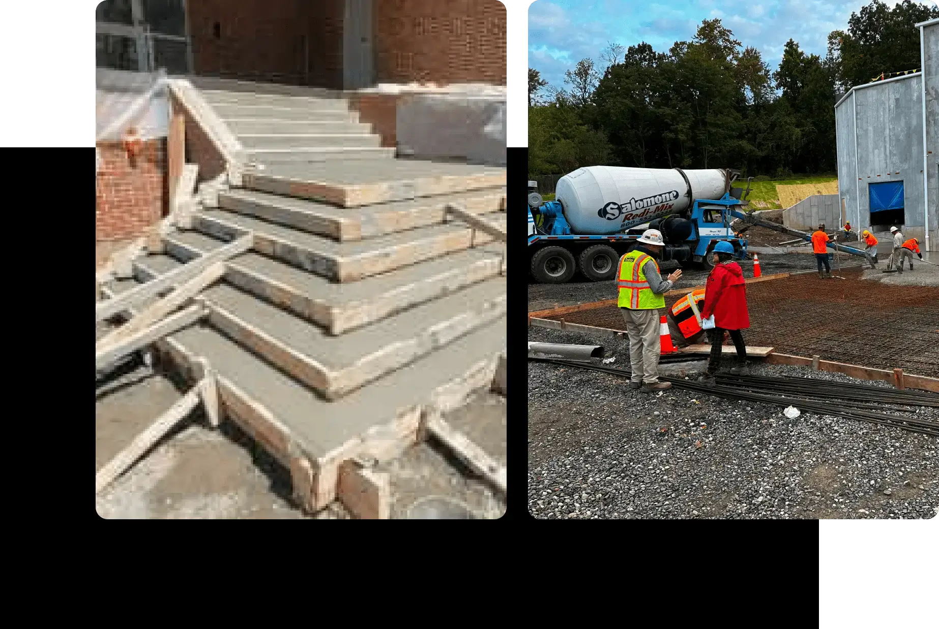 Concrete steps and construction site workers.